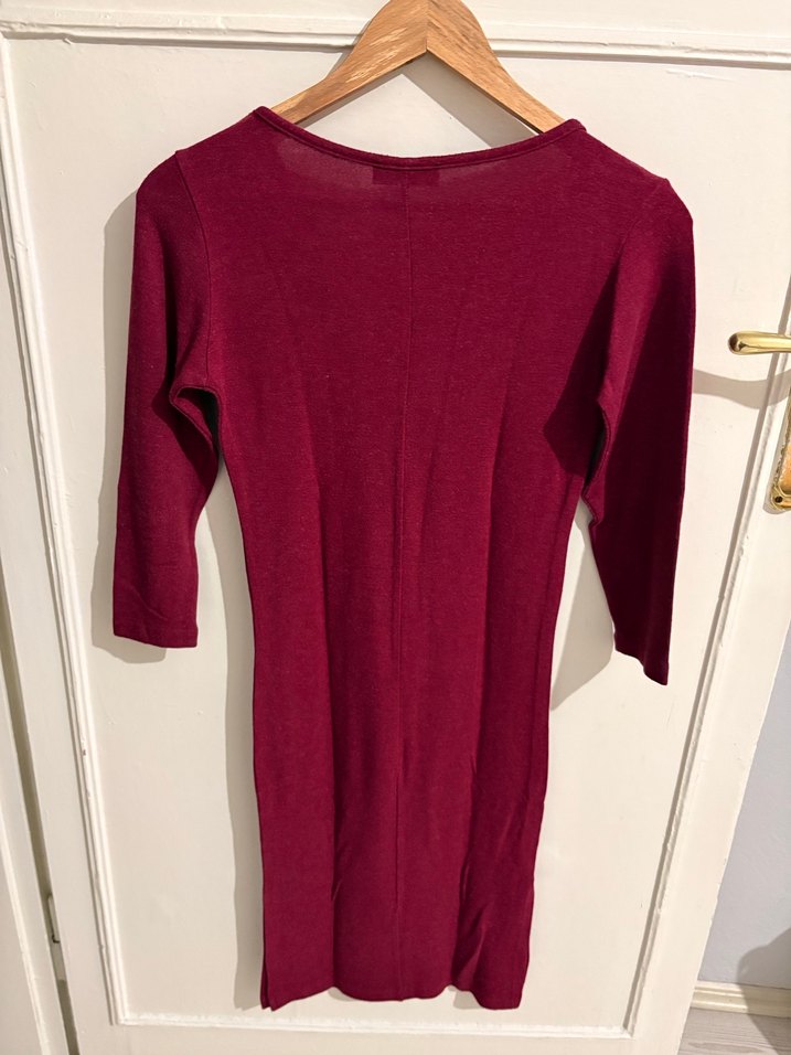 Bordo V Yaka Uzun Kollu Triko Elbise - Görsel 3