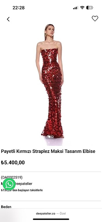 Kırmızı payetli straplez elbise