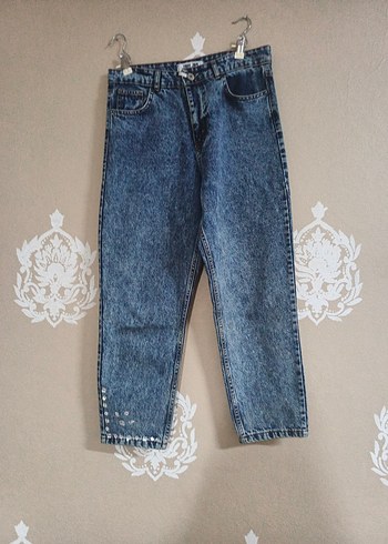 Düğmeli Kadın Mavi Denim Bol Kesim Jean
