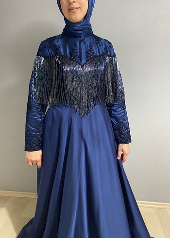 Nakışlı Uzun Lacivert Tesettür Abiye - Görsel 2