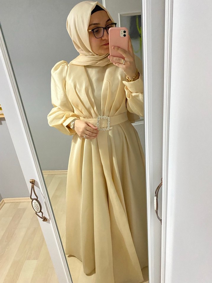 Bej Uzun Kollu Salaş Elbise - Görsel 3