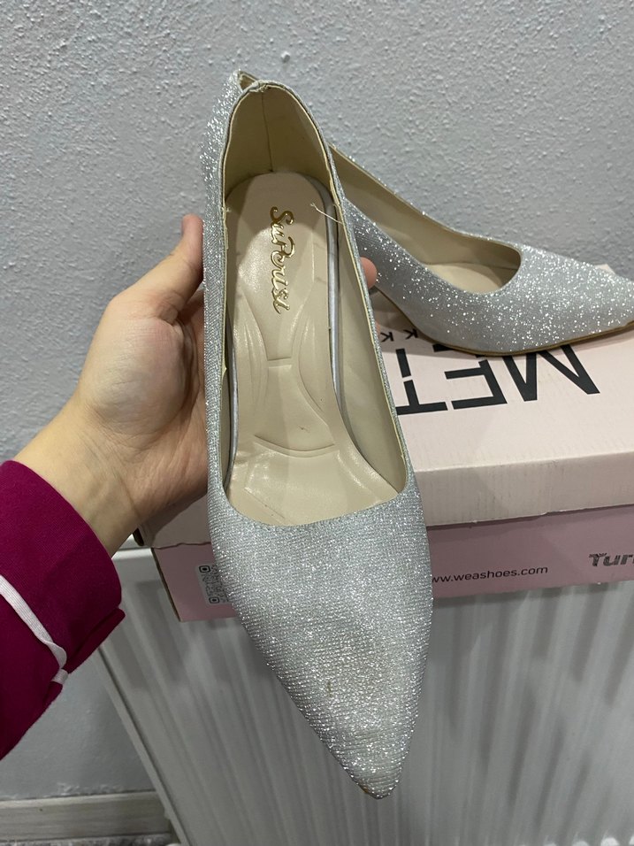 Gri Simli Stiletto Kadın Abiye Ayakkabı - Görsel 2