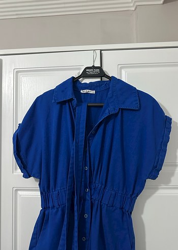 Kemerli Kısa Kollu Mavi Denim Tulum - Görsel 5