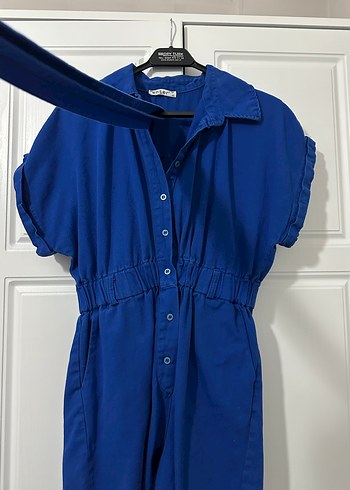 Kemerli Kısa Kollu Mavi Denim Tulum - Görsel 3