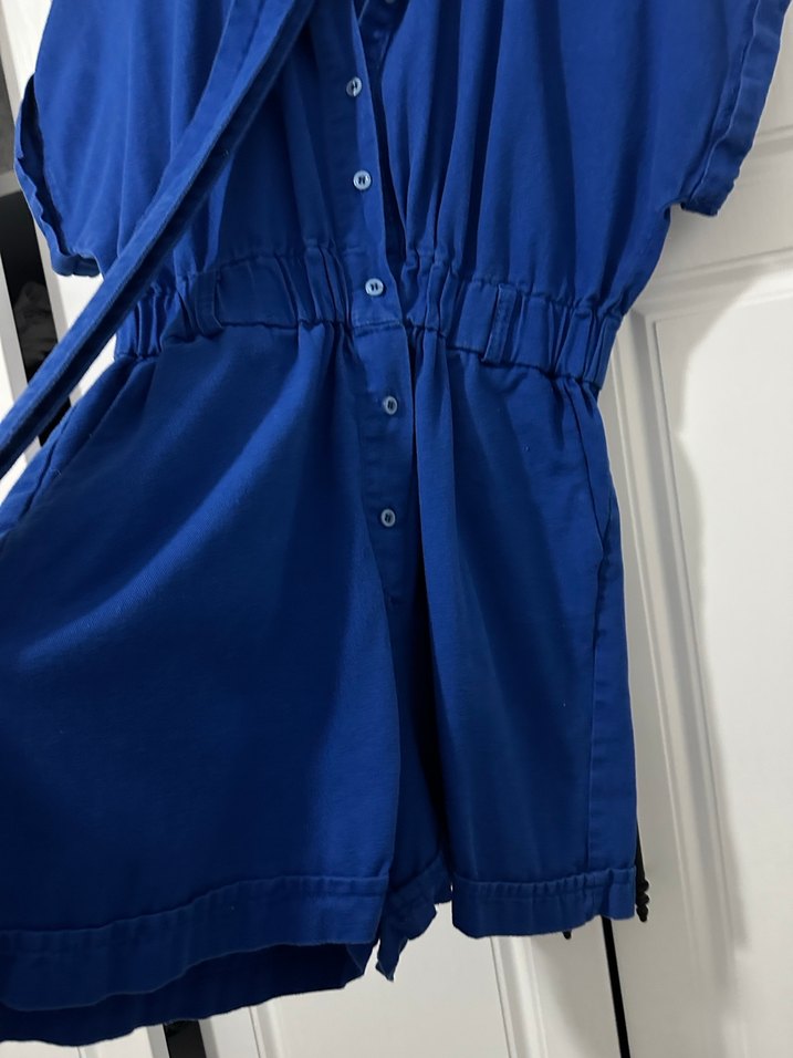 Kemerli Kısa Kollu Mavi Denim Tulum - Görsel 4