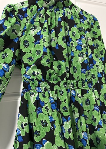 Yeşil Çiçek Desenli Uzun Kollu Mini Elbise - Görsel 2