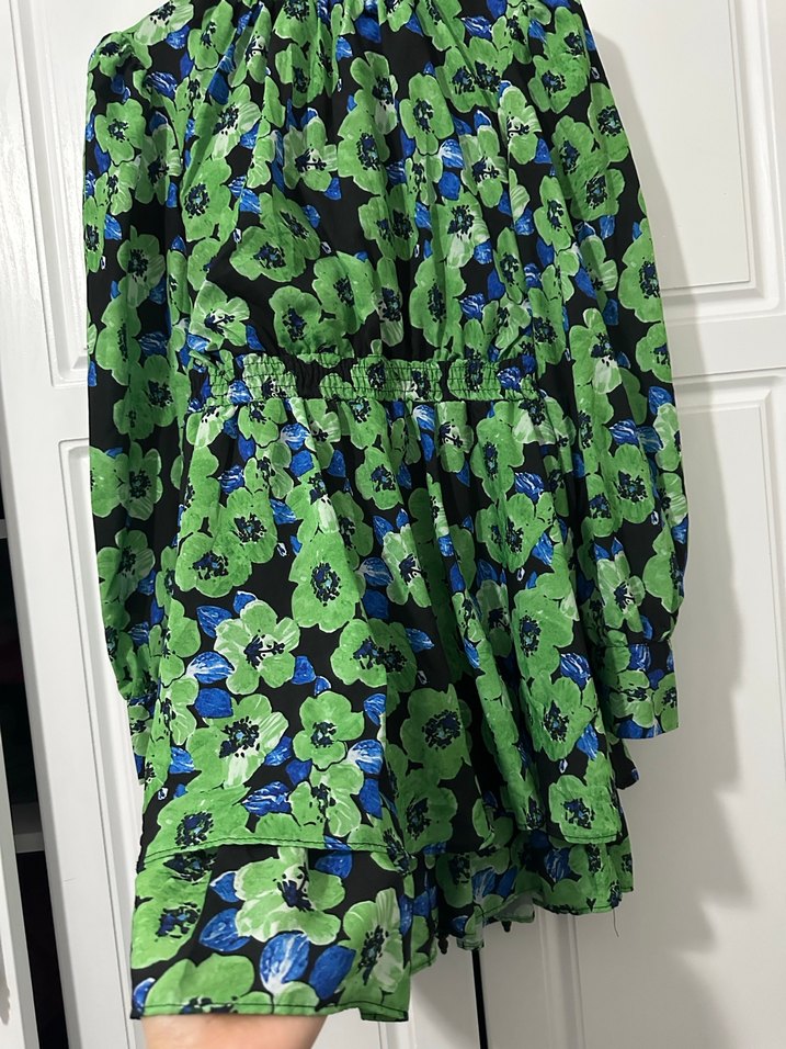 Yeşil Çiçek Desenli Uzun Kollu Mini Elbise - Görsel 3