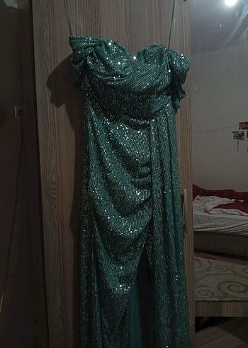 Turkuaz Drapeli Uzun Straplez Abiye Elbise - Görsel 2