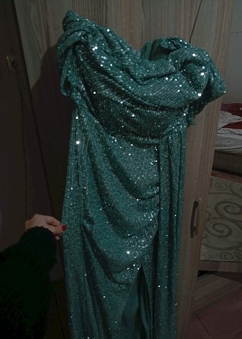 Turkuaz Drapeli Uzun Straplez Abiye Elbise - Görsel 3