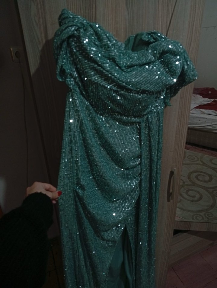 Turkuaz Drapeli Uzun Straplez Abiye Elbise - Görsel 3