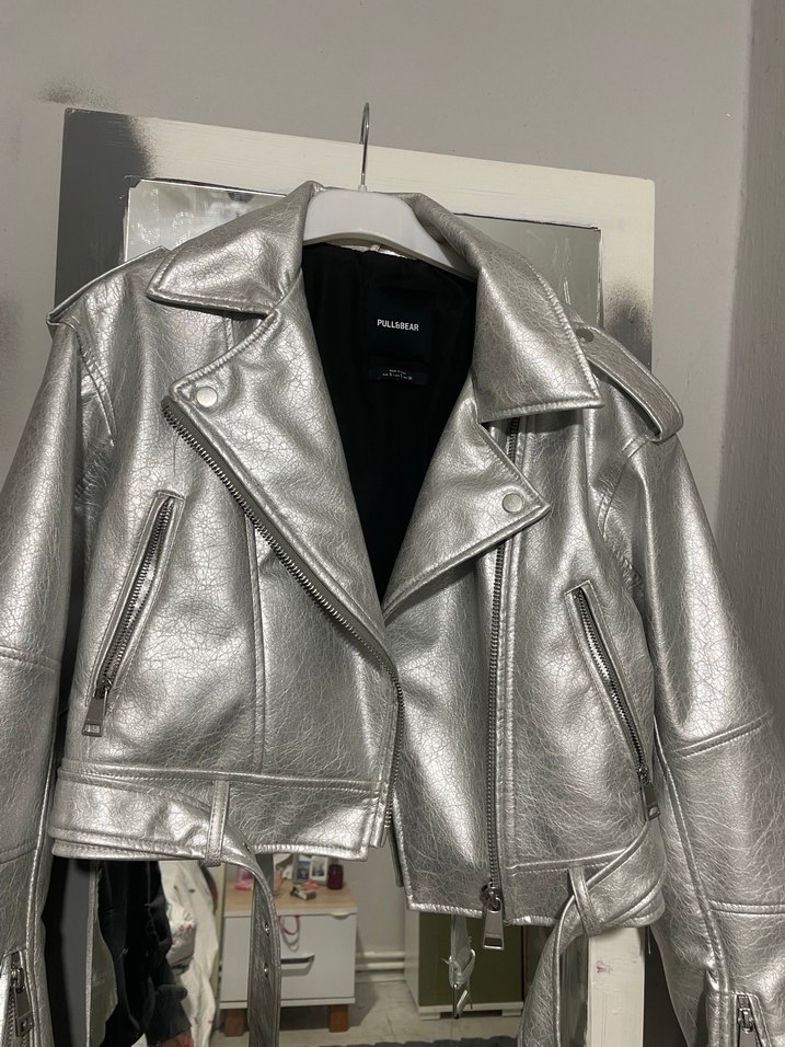 Gri Biker Kadın Deri Ceket - Görsel 2