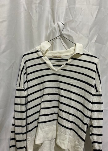 Çizgili Beyaz Gri Kadın Triko Kazak - Görsel 2