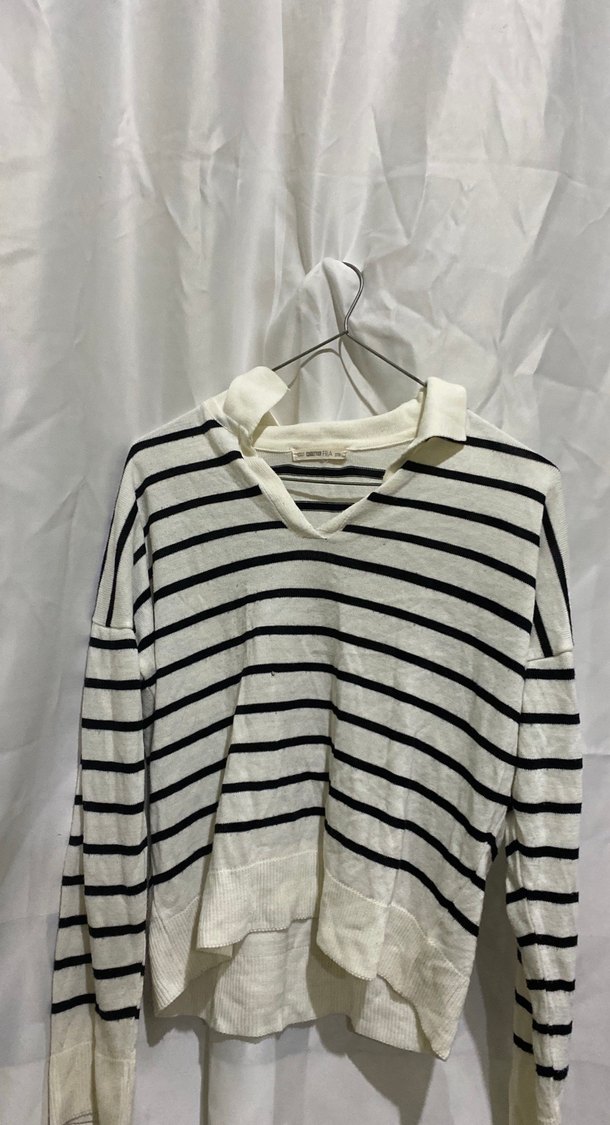 Çizgili Beyaz Gri Kadın Triko Kazak - Görsel 2