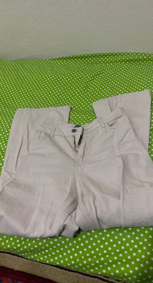 Düğmeli Bej Kadın Pamuk Pantolon - Görsel 2