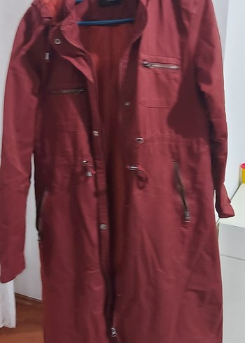 Bordo Düğmeli Kadın Uzun Ceket