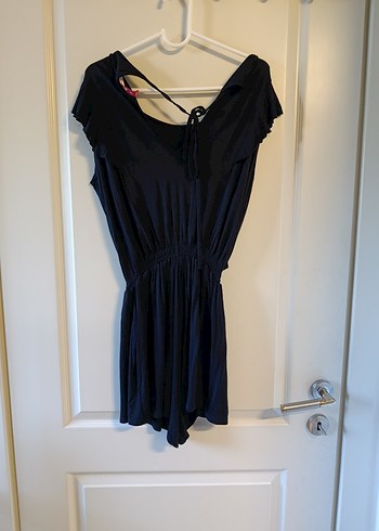 Siyah Keten Kadın Kısa Tulum - Görsel 3