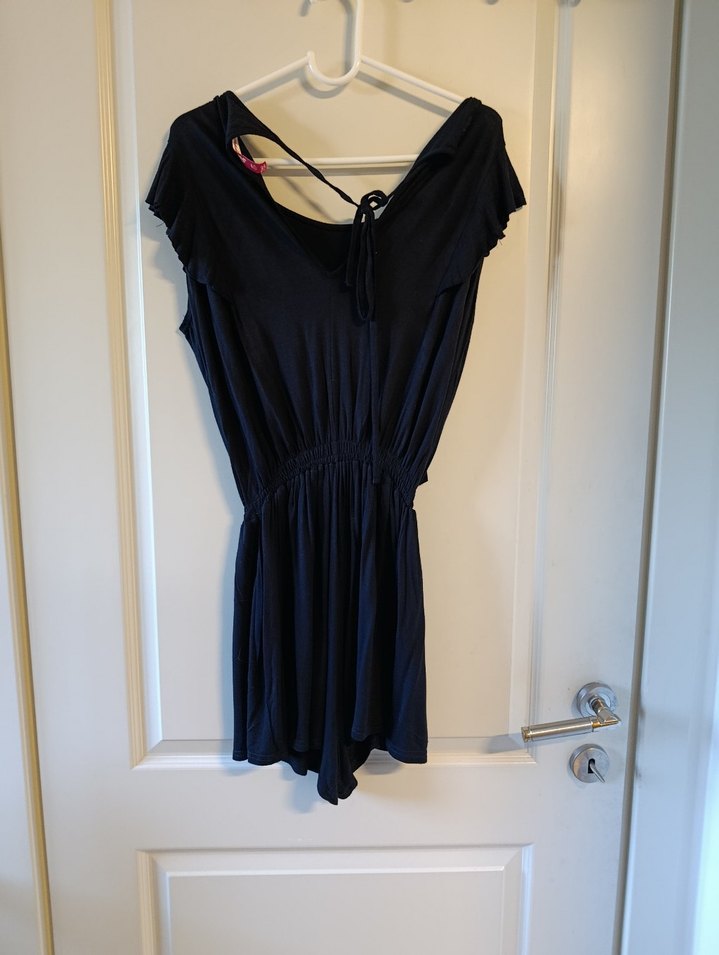 Siyah Keten Kadın Kısa Tulum - Görsel 3