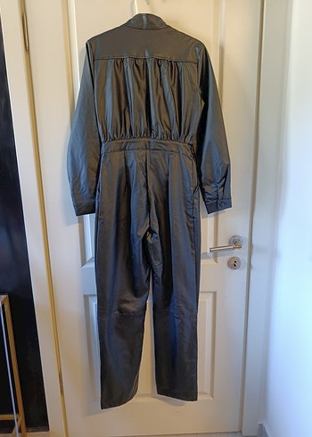 Siyah Deri Kadın Tulum, Kemerli, Uzun Kollu - Görsel 2