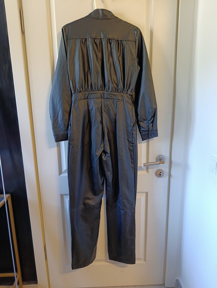 Siyah Deri Kadın Tulum, Kemerli, Uzun Kollu - Görsel 2