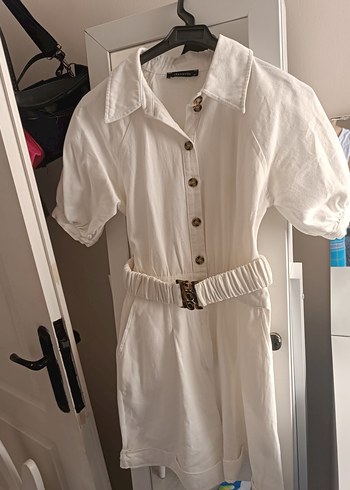 Beyaz Kemerli Keten tulum