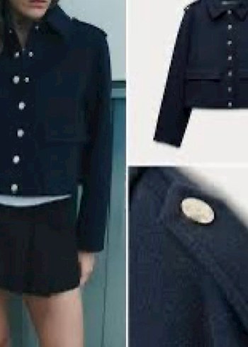 Zara Yeni Düğmeli Lacivert Mini Kadın Kaban - Görsel 2