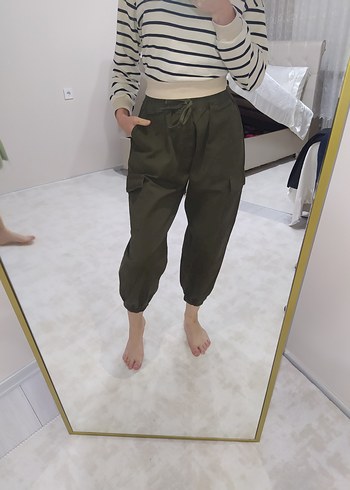 Kadın Haki Pamuklu kargo cepli pantolon - Görsel 2