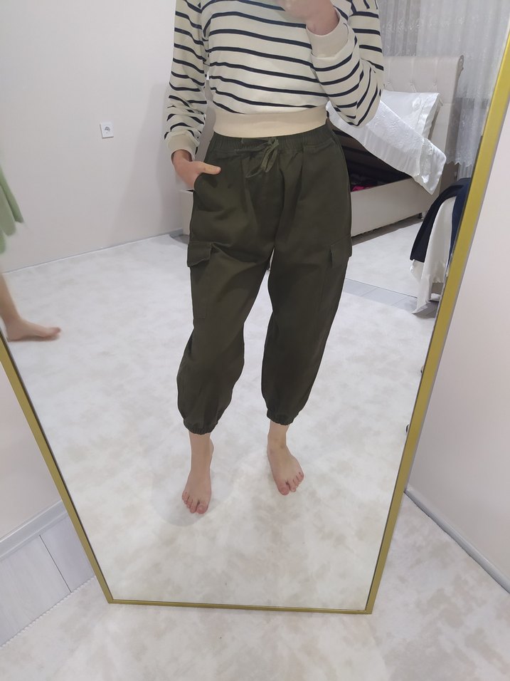 Kadın Haki Pamuklu kargo cepli pantolon - Görsel 2