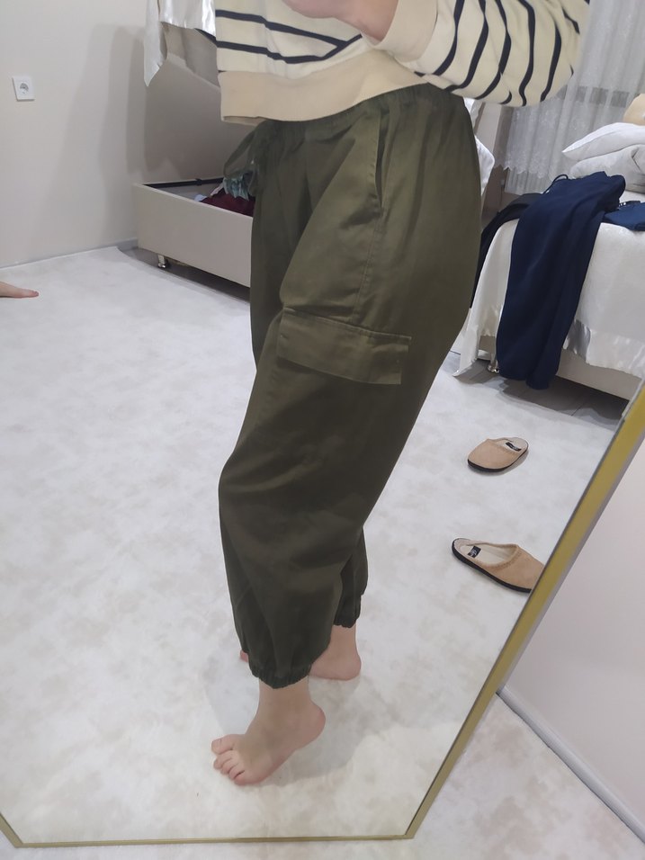 Kadın Haki Pamuklu kargo cepli pantolon - Görsel 4