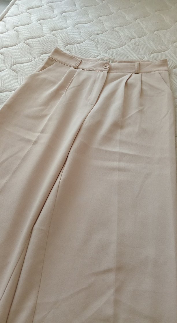 Bej Kadın bol paça kumaş pantolon - Görsel 5