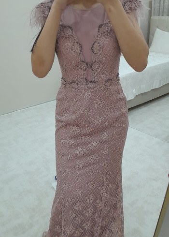 Dantel Detaylı Pembe Uzun Abiye Elbise - Görsel 2