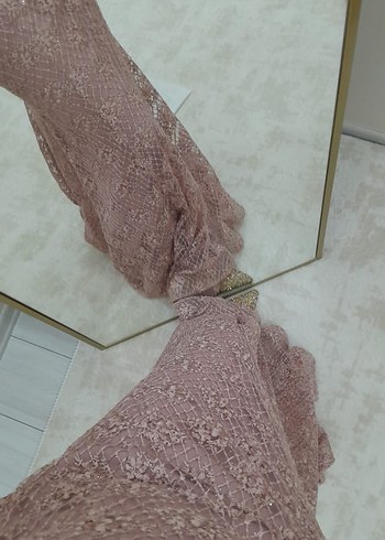 Dantel Detaylı Pembe Uzun Abiye Elbise - Görsel 4