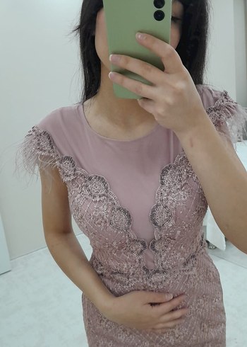 Dantel Detaylı Pembe Uzun Abiye Elbise - Görsel 3