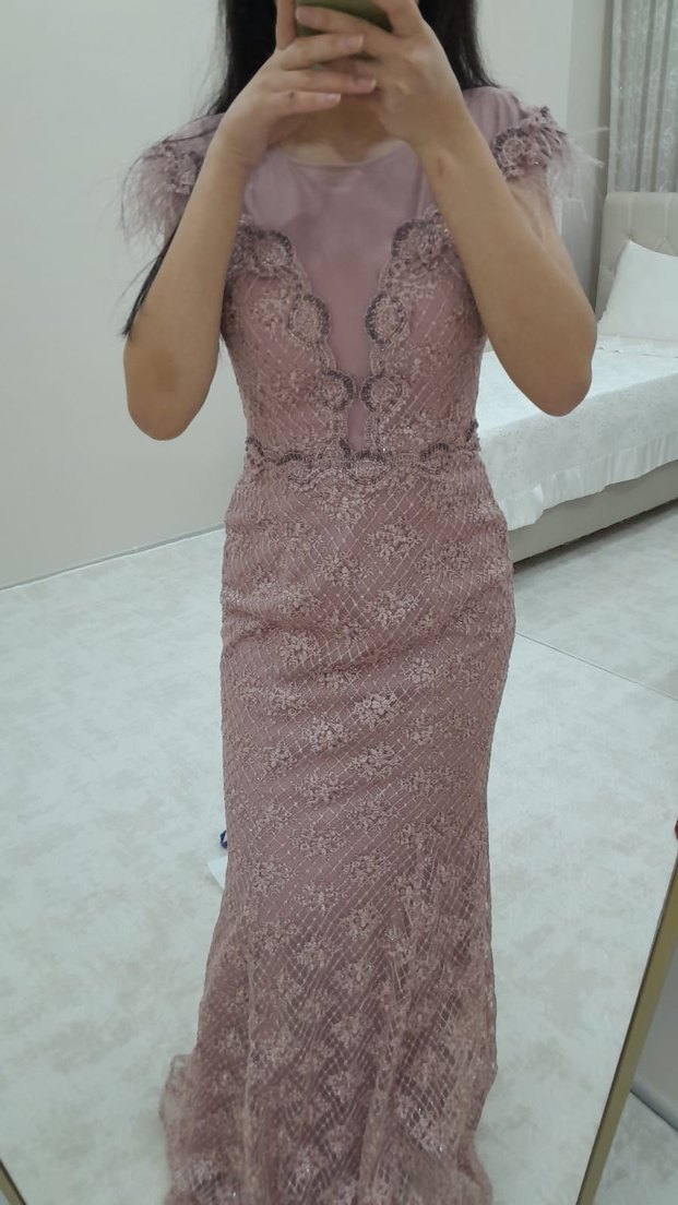 Dantel Detaylı Pembe Uzun Abiye Elbise - Görsel 2