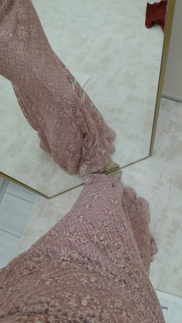 Dantel Detaylı Pembe Uzun Abiye Elbise - Görsel 4