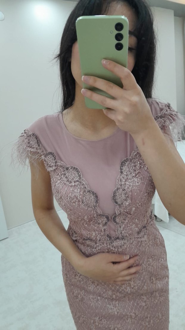 Dantel Detaylı Pembe Uzun Abiye Elbise - Görsel 3