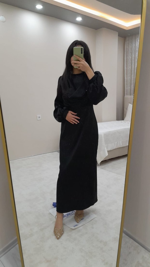 Siyah Uzun Kollu Midi Elbise - Görsel 4