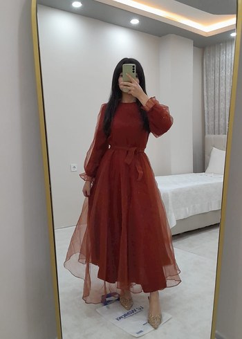 Uzun Kollu turuncu
 tüllü midi kabarık elbise - Görsel 2