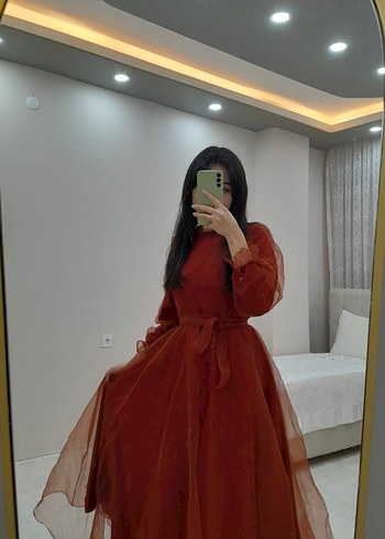 Uzun Kollu turuncu
 tüllü midi kabarık elbise - Görsel 5