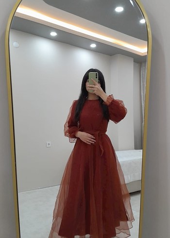 Uzun Kollu turuncu
 tüllü midi kabarık elbise - Görsel 4