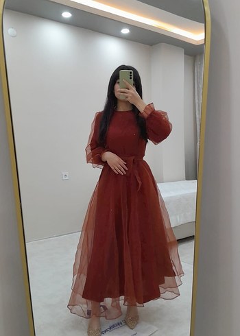 Uzun Kollu turuncu
 tüllü midi kabarık elbise - Görsel 3