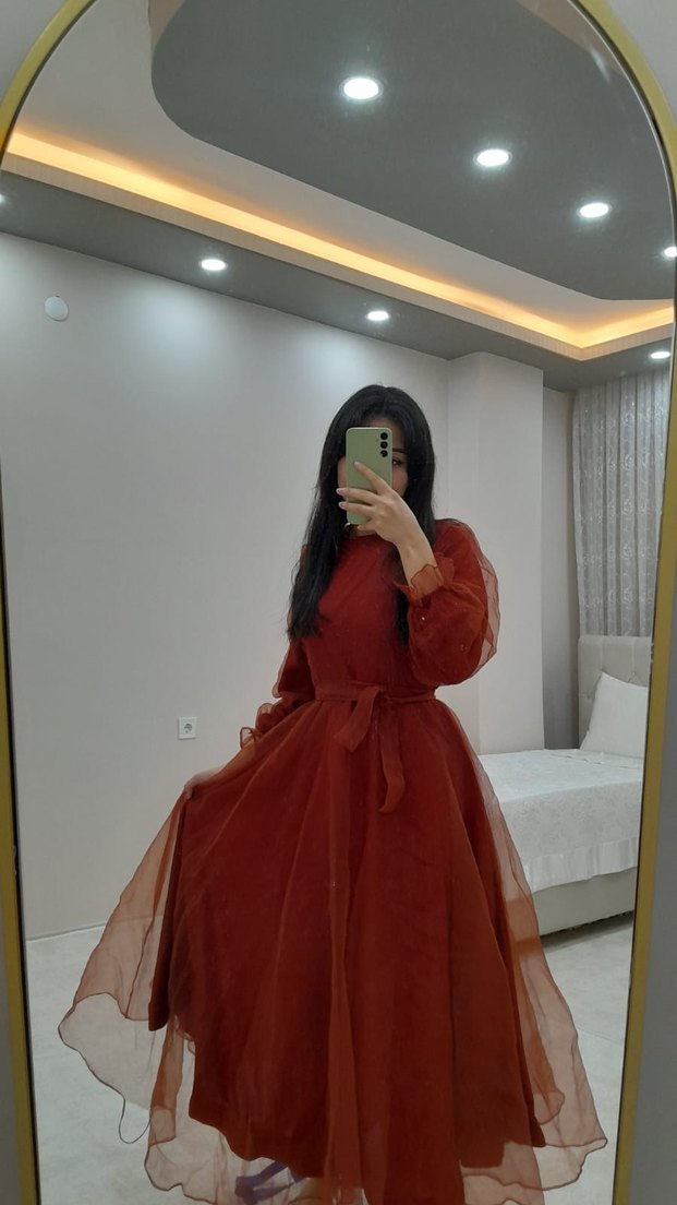 Uzun Kollu turuncu
 tüllü midi kabarık elbise - Görsel 5