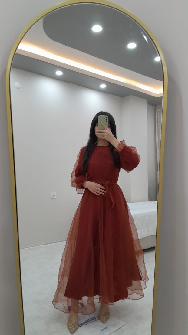 Uzun Kollu turuncu
 tüllü midi kabarık elbise - Görsel 4