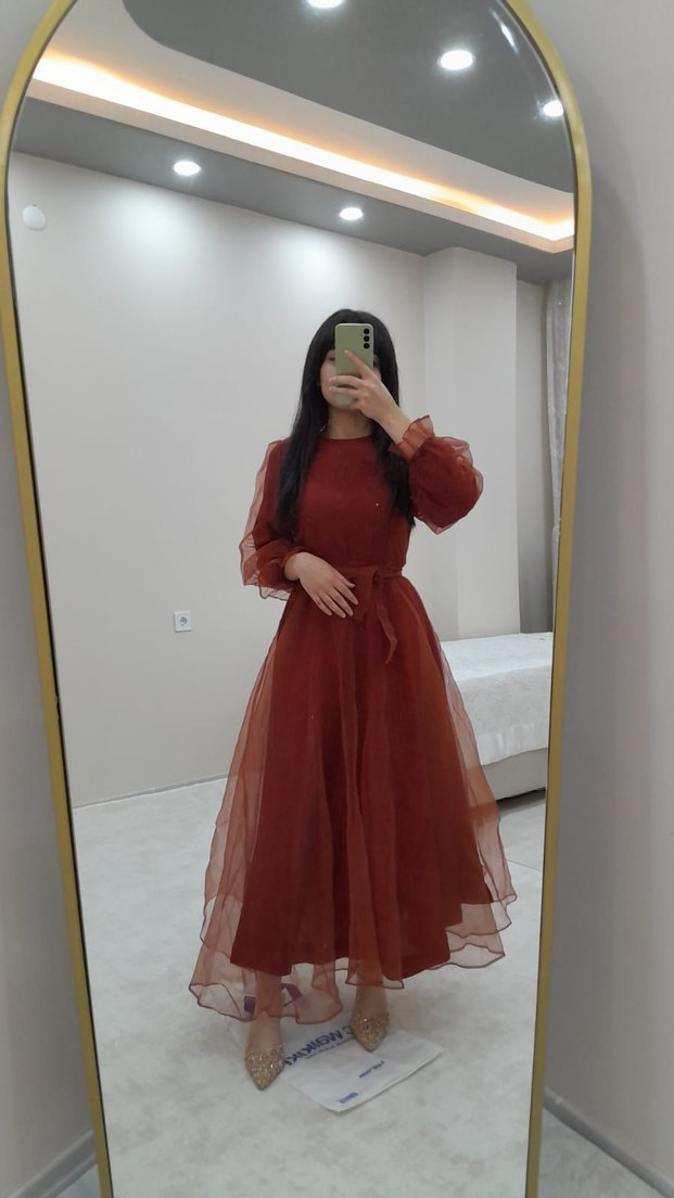 Uzun Kollu turuncu
 tüllü midi kabarık elbise - Görsel 3