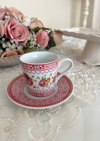 Kırmızı Çiçek Desenli Porselen büyük Fincan Seti - Görsel 2