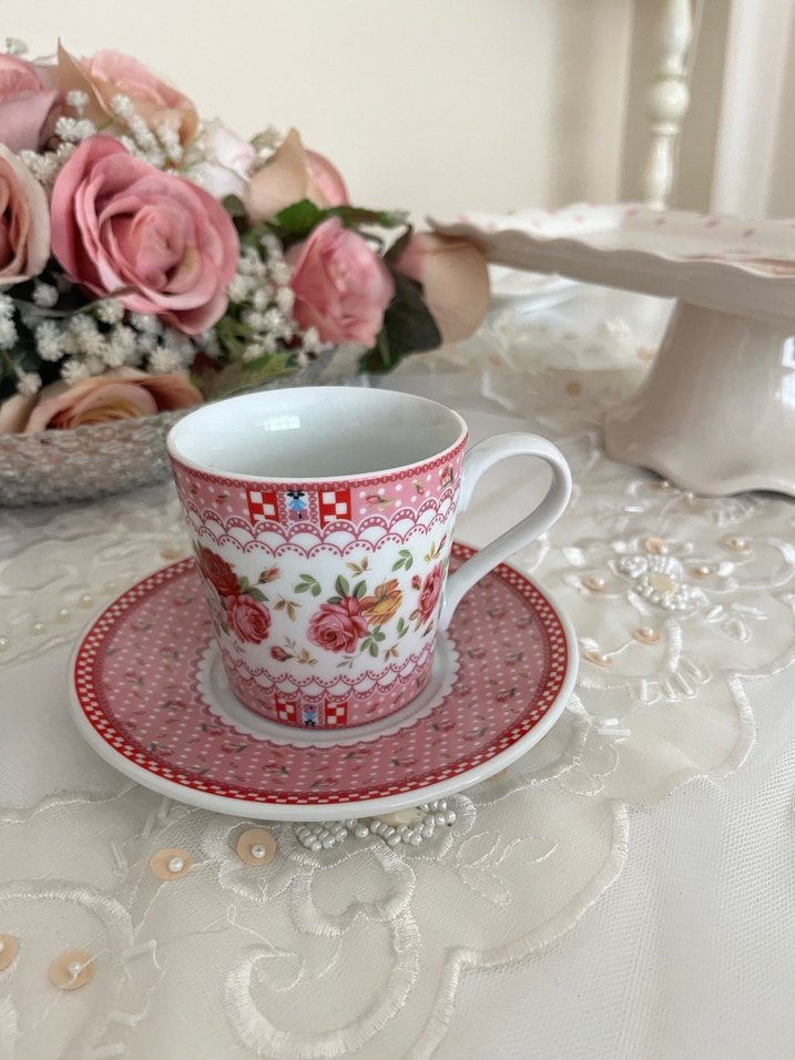 Kırmızı Çiçek Desenli Porselen büyük Fincan Seti - Görsel 2
