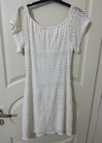 Dantel Detaylı Beyaz Bohem Mini Örgü Elbise - Görsel 3