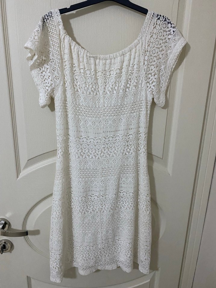Dantel Detaylı Beyaz Bohem Mini Örgü Elbise - Görsel 3