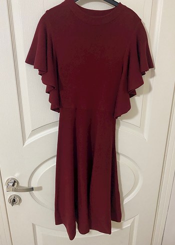 Bordo Kısa Kollu Midi Elbise - Görsel 3