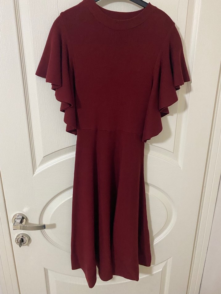 Bordo Kısa Kollu Midi Elbise - Görsel 3