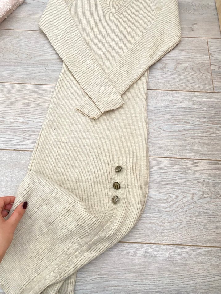 Bej V Yaka Uzun Örgü Kadın triko elbise - Görsel 2